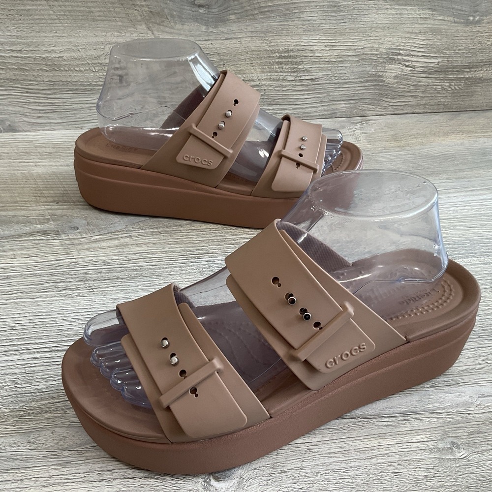 Crocs Lite Ride Beige Brooklyn Platform Sandals Mid Wedge Buckle Slide Women's 9 - Picture 3 of 15